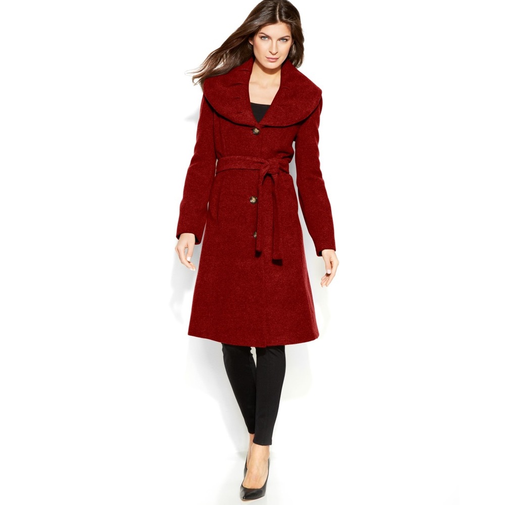 Calvin Klein Red Wool Belted Walking Coat
